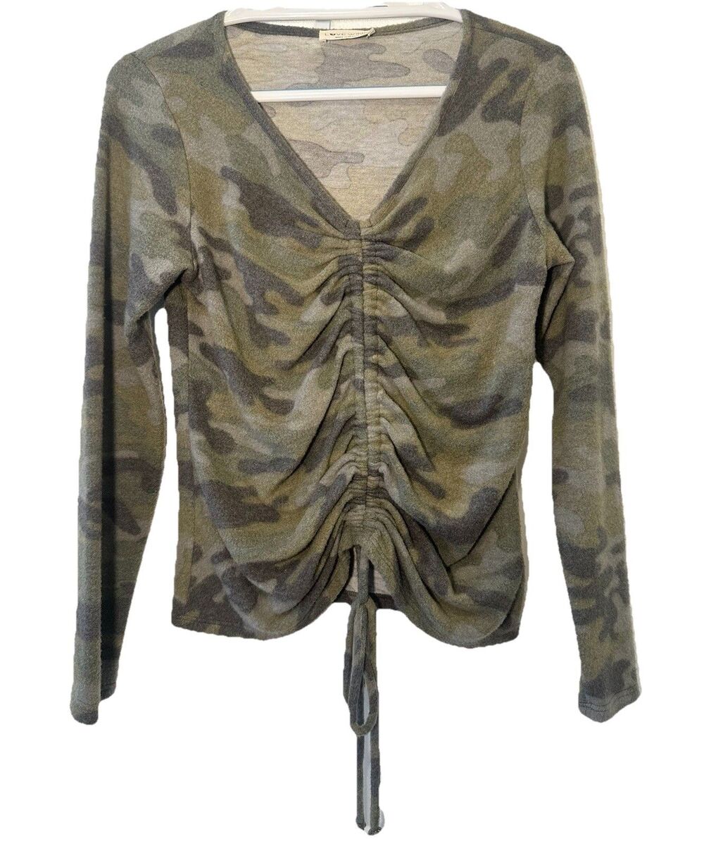Love Wins Camo Ruched Long Sleeve Top Women’s Medium V-Neck Tie Front